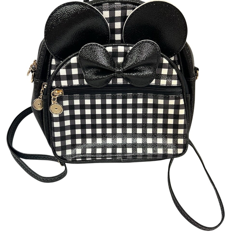 Mini Backpack Purse Womens Black White Gingham Ears Bow